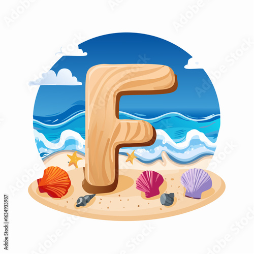 Letter F written in sand on a beach, seashells and ocean wave background, summer vibe