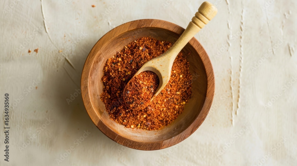 Fototapeta premium Spicy chili powder in wooden bowl with spoon ready for cooking or garnishing dishes