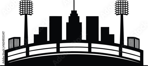 Black Silhouette Of A Stadium With City Skyline And Floodlights sports arena