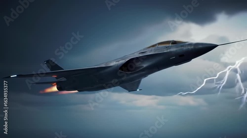 Modern military jet against dramatic stormy sky powerful combat aircraft in action