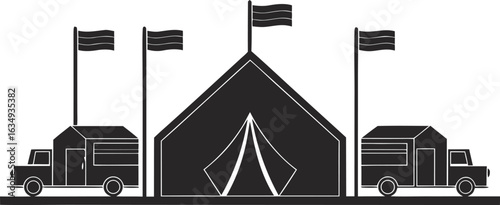 Black Silhouette Of A Tent With Two Trucks And Flags On Poles camping outdoor