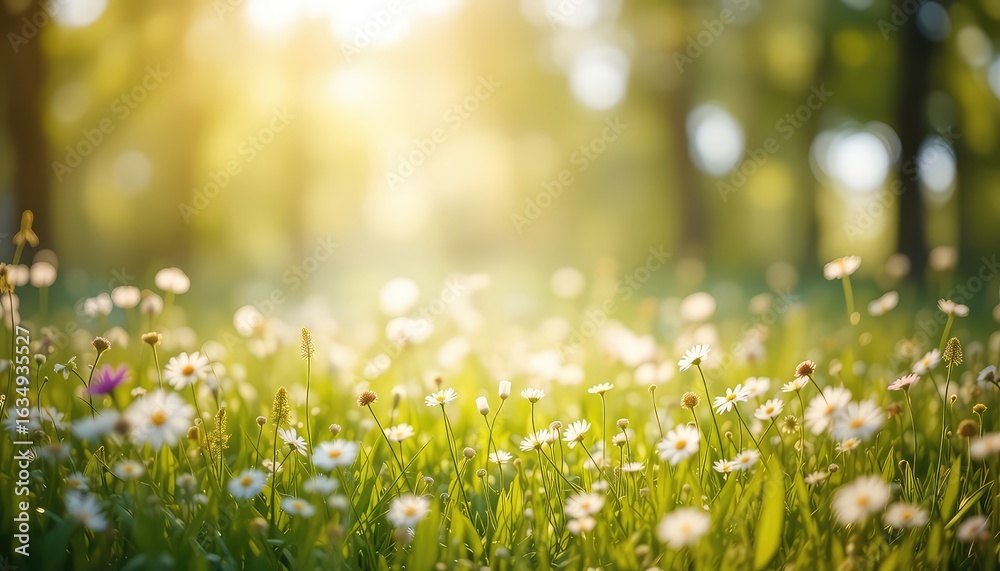 Fototapeta premium Sunlight filters through trees and illuminates a field of white daisies blooming in vibrant green grass