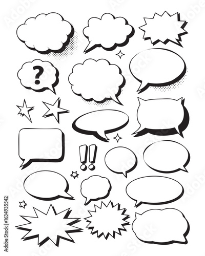 Collection of Comic Speech Bubbles with Different Shapes in Retro Style for Dialogue and Cartoon Illustrations