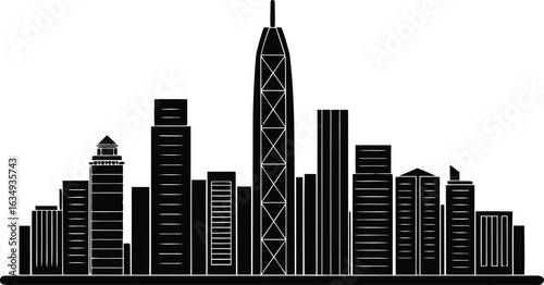 Black Silhouette of Modern City Skyline with Tall Skyscrapers architecture