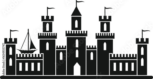 Black Silhouette of Medieval Castle with Towers and Sailing Ship architecture