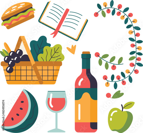 Happy Birthday greeting with picnic items and festive garland celebration greeting card