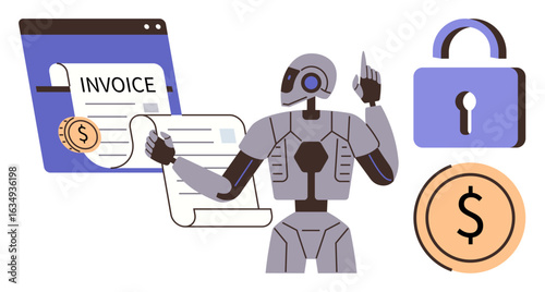 Robot processing invoices, secure lock symbol, dollar coin, browser window interface. Ideal for automation, fintech, blockchain, AI, cybersecurity financial apps simple flat metaphor