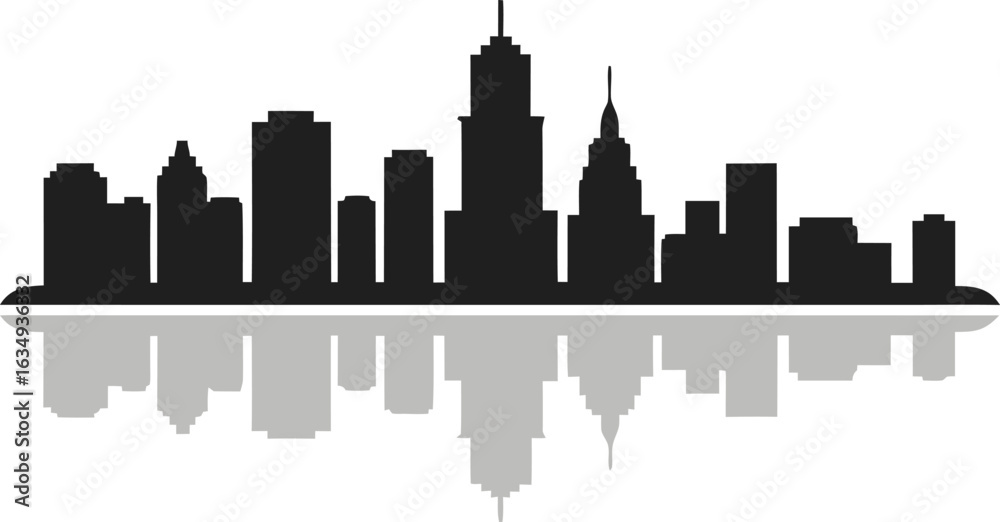 Fototapeta premium City Skyline Silhouette With Reflection On White Background mirrored