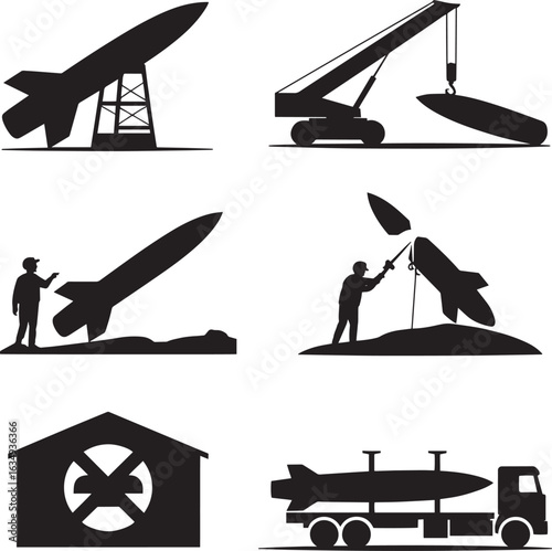 Silhouette Illustrations Depicting Missile Development, Deployment, and Storage on Transparent Backdrop