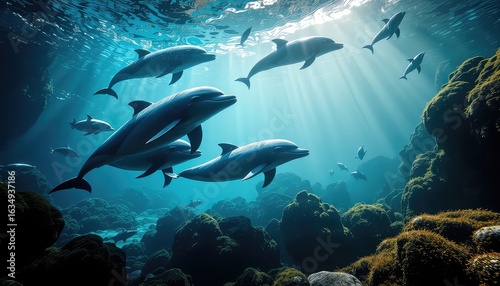 Wallpaper Mural Sunlight filters through the water as a group of playful marine mammals swim together near a vibrant coral reef Torontodigital.ca