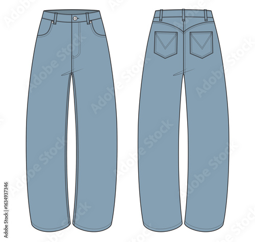 Vector fashion technical drawing of a horseshoe denim jeans with front and back view. Front pockets. Metal button and rivets. Belt loops. Back pockets. Back yoke. Woven fabric. 