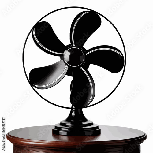 Vintage electric fan on a wood table isolated on white background home appliance retro design classic style cooling device for summer heat