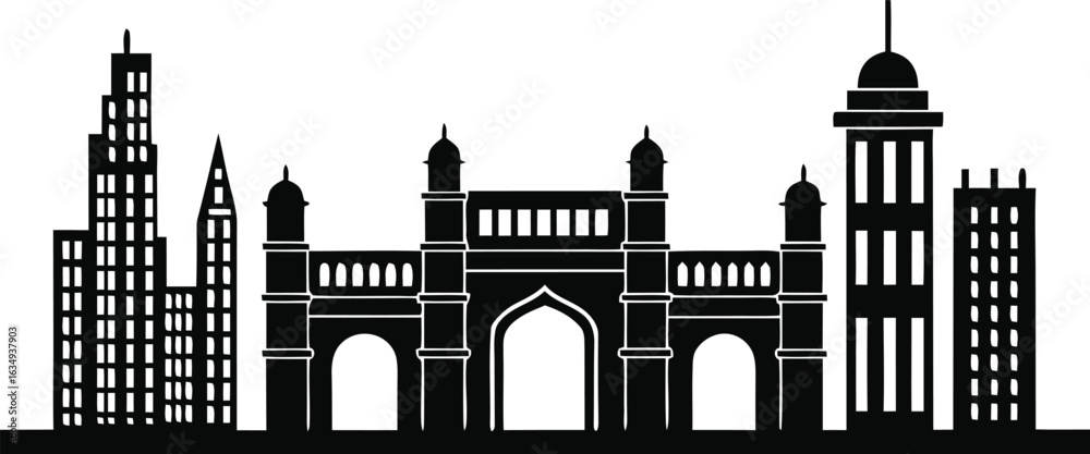 Obraz premium Silhouette of a Cityscape with an Archway Building and Skyscrapers on White Background