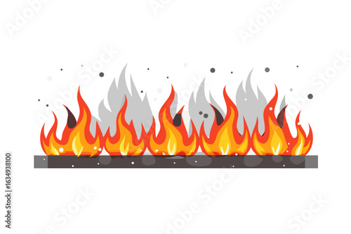Bright orange and yellow flames with grey smoke on a black background