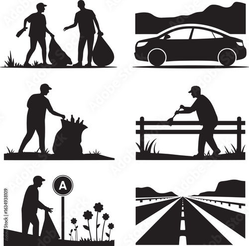 Silhouette Volunteers Cleaning Up Trash and Roadside Litter, Promoting Environmental Stewardship and Community