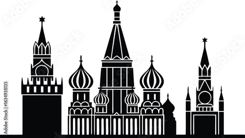 Silhouette of Saint Basil's Cathedral and Kremlin Towers on White Background Moscow