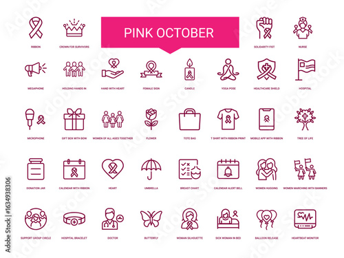 collection pink october breast cancer awareness icons, microphone hospital gift healthcare