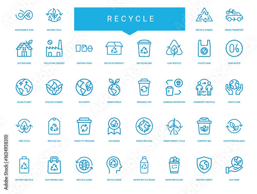 recycling environmental sustainability efforts collection blue-colored icons, recycle ban planet leaf plastic clean waste zero