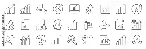 Growth thin line icons set. Improvement, growing graph icon. Editable stroke. Vector