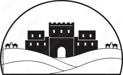 Stylized Desert Oasis Scene with Castle and Camels in a Crescent fortress architecture