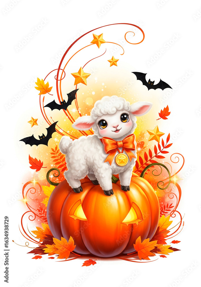 Fototapeta premium Cute Lamb on Pumpkin with Bats and Fall Leaves for Halloween and Autumn Illustration Art