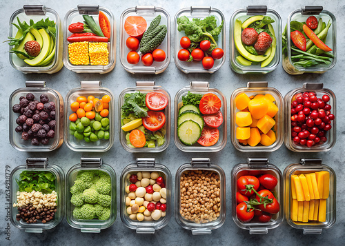 Wallpaper Mural A vibrant overhead view of twenty one glass food containers filled with colorful and healthy prepped meals and ingredients Torontodigital.ca