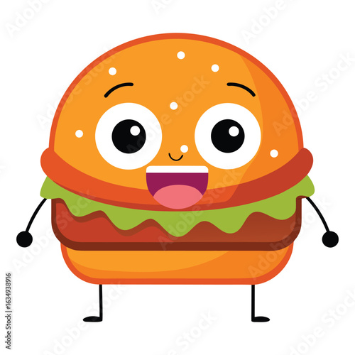 A funny Paneer Makhani Burger with big eyes and a smile cartoon character on a white background