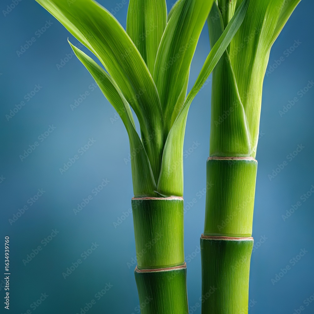 Obraz premium A close-up of bamboo, its green and brown stripes contrasting against the vibrant background. The focus is on one slender, straight piece of wood with visible textures and details.