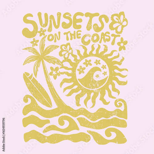 Sunsets on the coast. t shirt print. Vintage summer slogan print with palm tree sun sea ocean. vintage summer t shirt design. sun poster design. tropical vector.