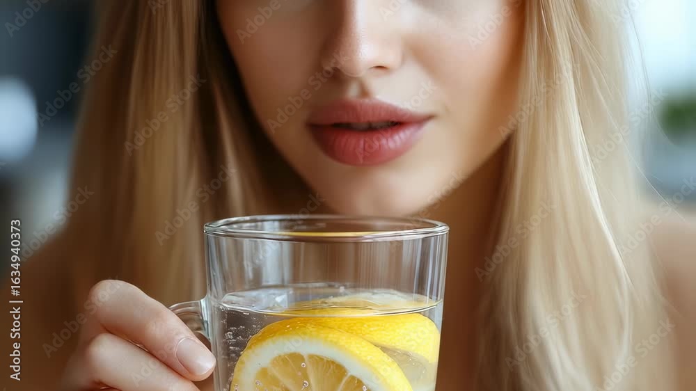 Close-up of a woman with blonde hair about to drink lemon water Close-up of a woman with blonde hair about to drink lemon water