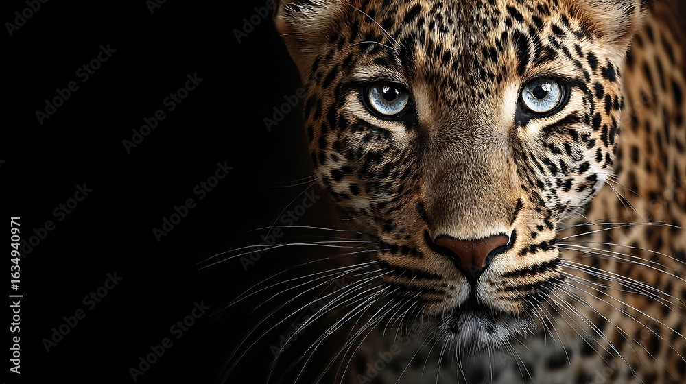 Naklejka premium Majestic leopard with piercing blue eyes and detailed fur against a dark background animal wildlife