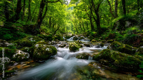 Lush forest stream with mossy rocks and flowing water river
