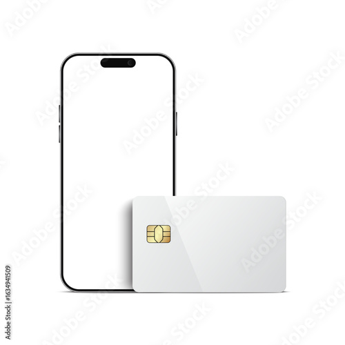 Smartphone and plastic credit card templates. Empty debit card with chip card isolated on background. Mockup empty concept for saving money wealth and financial, technology payment, digital purchase