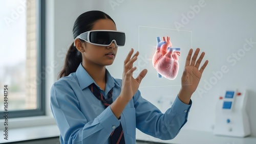 Schoolgirl examining holographic heart with VR headset in lab