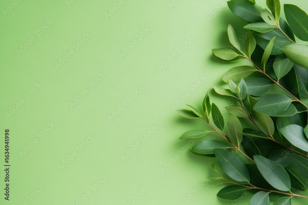 Fototapeta premium Botanical fresh green sprigs on light green background flat lay