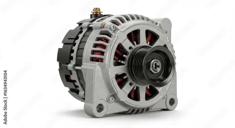 Obraz premium Detailed Studio Shot of a New Automotive Alternator Component, Isolated on White.