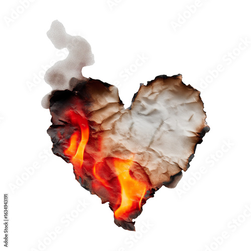 Burnt Paper Heart Icon with Singed Edges and Smoke Marks Isolated on Transparent Background