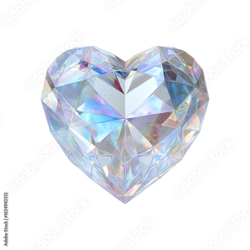 Crystal Gem Heart Icon with Faceted Edges and Light Reflections Isolated on Transparent Background