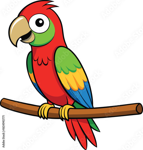 Cartoon Scarlet Macaw Parrot on Branch Illustration