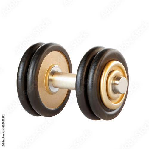 Isolated dumbbell featuring metal bar and plates with golden accents on transparent background