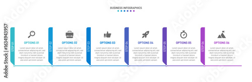 Progress bar featuring 6 arrow-shaped elements, symbolizing the six stages of business strategy and progression. Clean timeline infographic design template. Vector for mobile presentation.