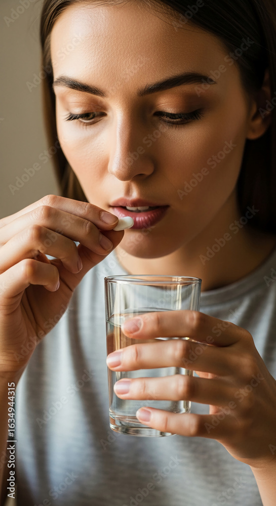 Close-up of woman taking pill with water, focusing on hands and pill. Image depicts health, wellness, or medication intake concept. Close-up of woman taking pill with water, focusing on hands and pill. Image depicts health, wellness, or medication intake concept.