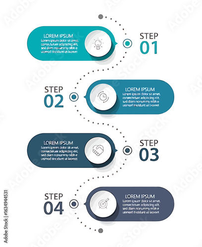 Four-step process infographic,  teal and gray design, numbered stages, curved layout.