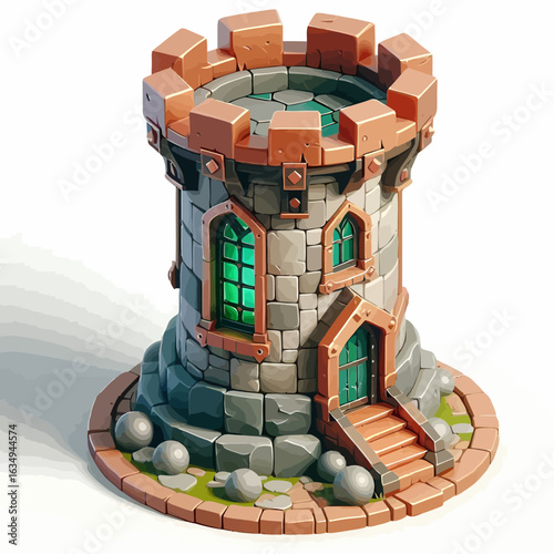 A stylized cartoon rendering of a stone castle tower with a circular base, featuring windows and a door.