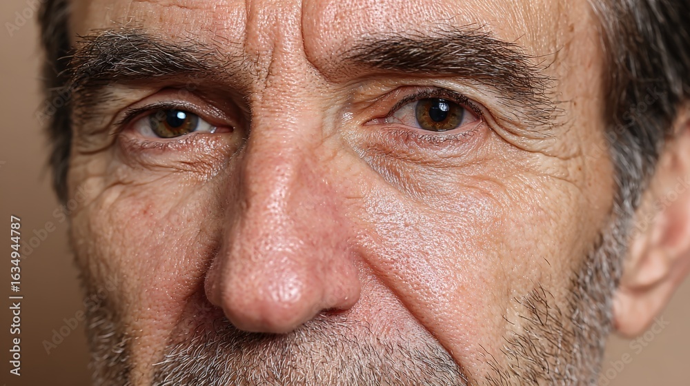 Obraz premium Close-up of a 62-year-old man showing temporal wasting from androgen decline