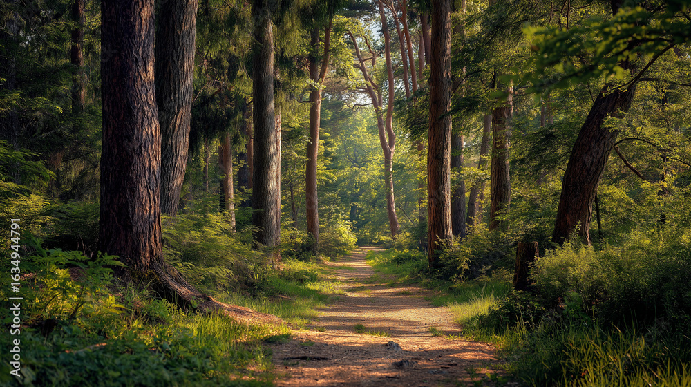Naklejka premium serene forest path with dappled sunlight filtering through the trees. 