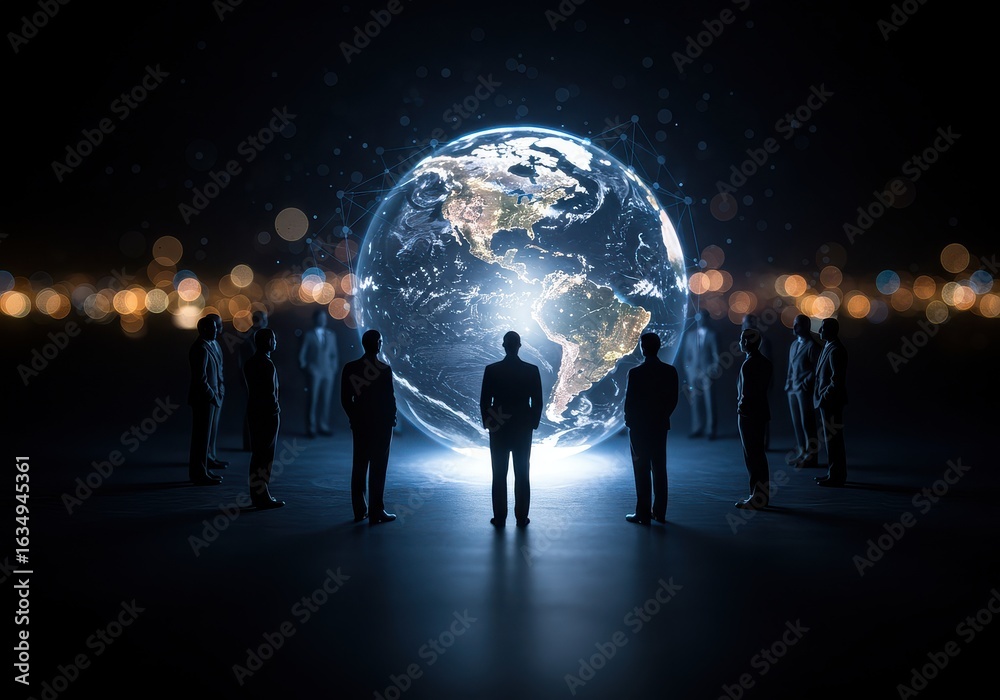 Fototapeta premium Group of people looking at a glowing earth globe in a dark environment with city lights behind them