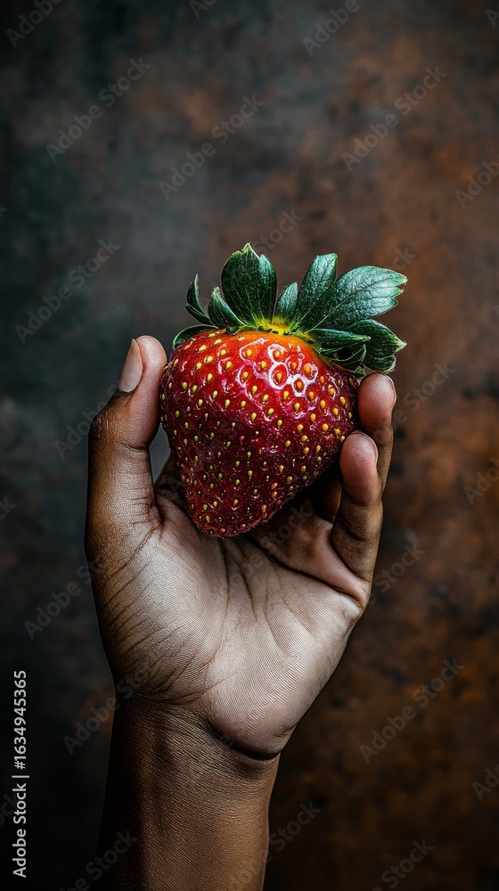 Obraz premium A hand holding a red strawberry. Concept of freshness and natural beauty