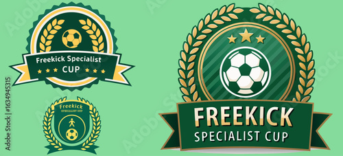 Freekick Specialist Cup football badge with soccer ball icon, star-accented wreath, and layered ribbon design for league and competition branding