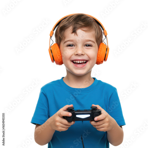 A happy boy enjoys playing video games with headphones and a controller.